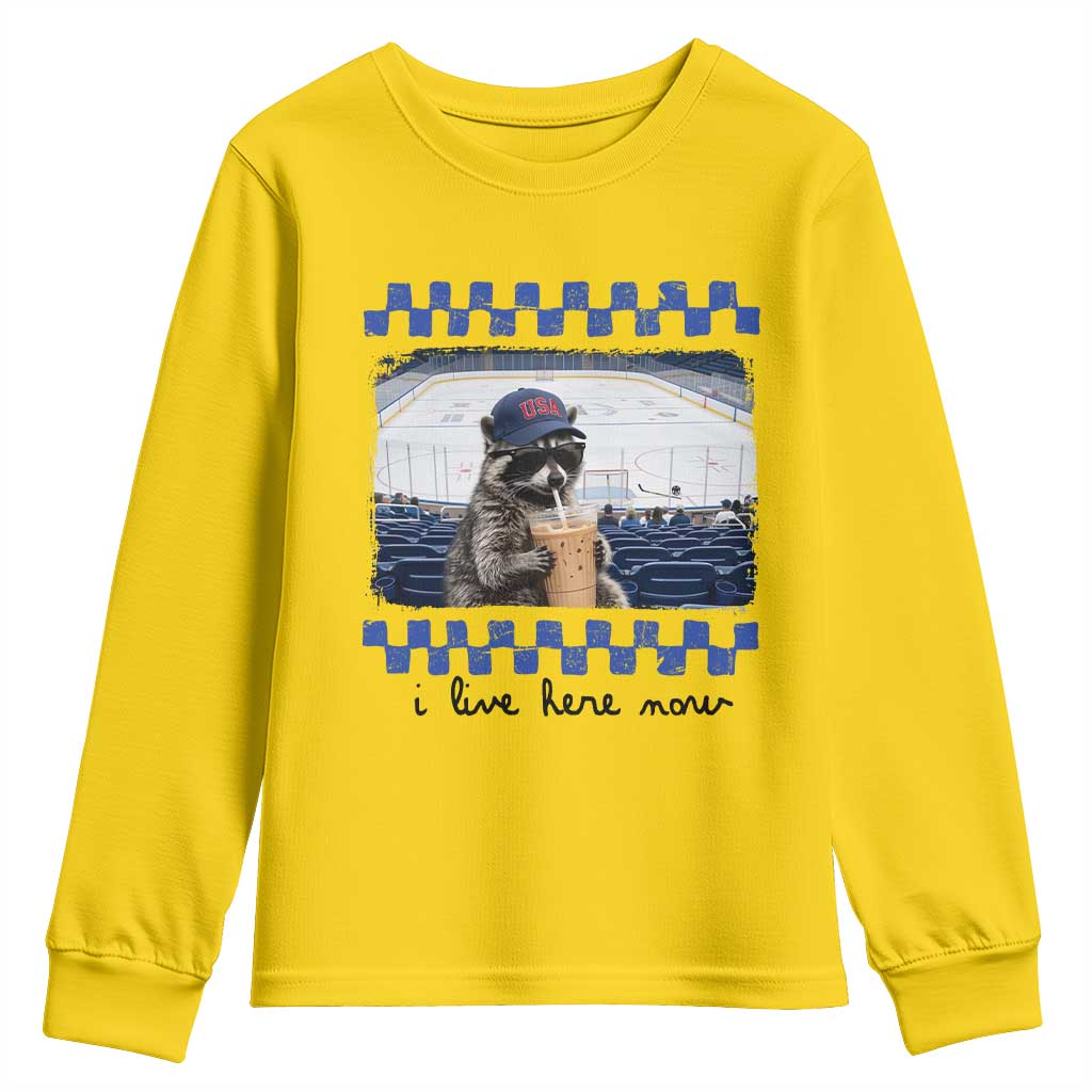 Hockey Mom Raccoon Iced Coffee Youth Sweatshirt I Live Here Now