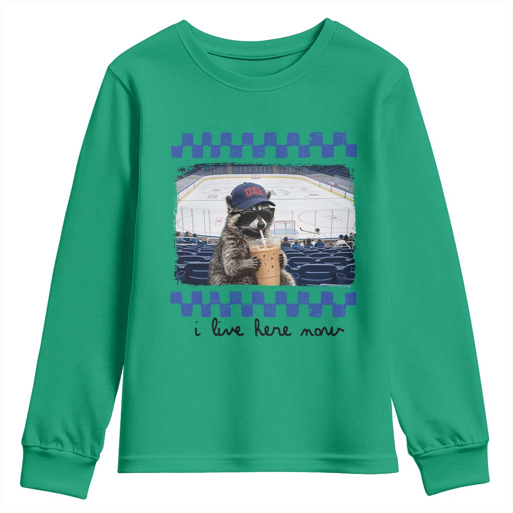 Hockey Mom Raccoon Iced Coffee Youth Sweatshirt I Live Here Now