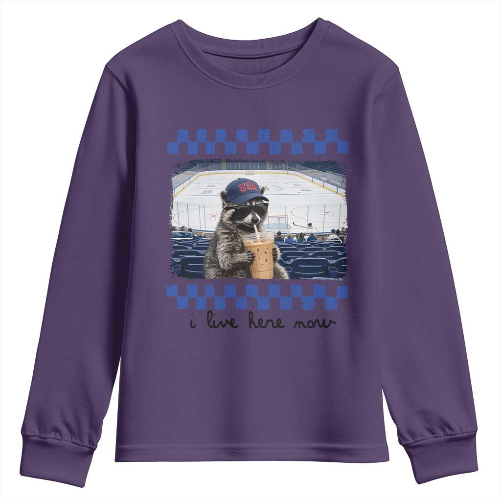 Hockey Mom Raccoon Iced Coffee Youth Sweatshirt I Live Here Now