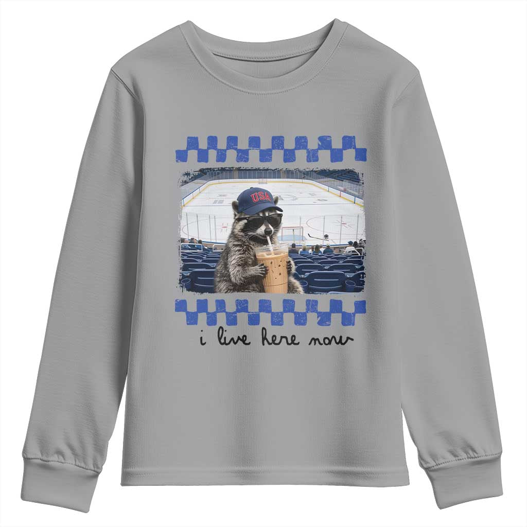 Hockey Mom Raccoon Iced Coffee Youth Sweatshirt I Live Here Now