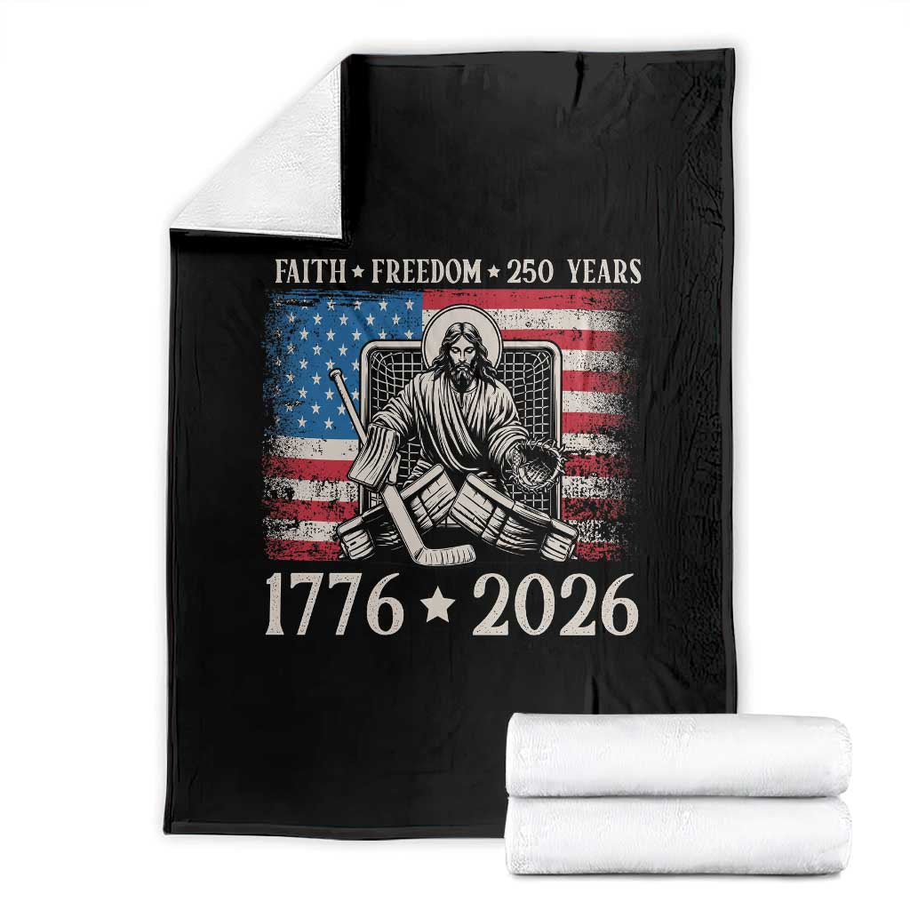 250 Years Faith and Freedom Christian Throw Blanket Jesus Hockey Player 4th of July American Flag