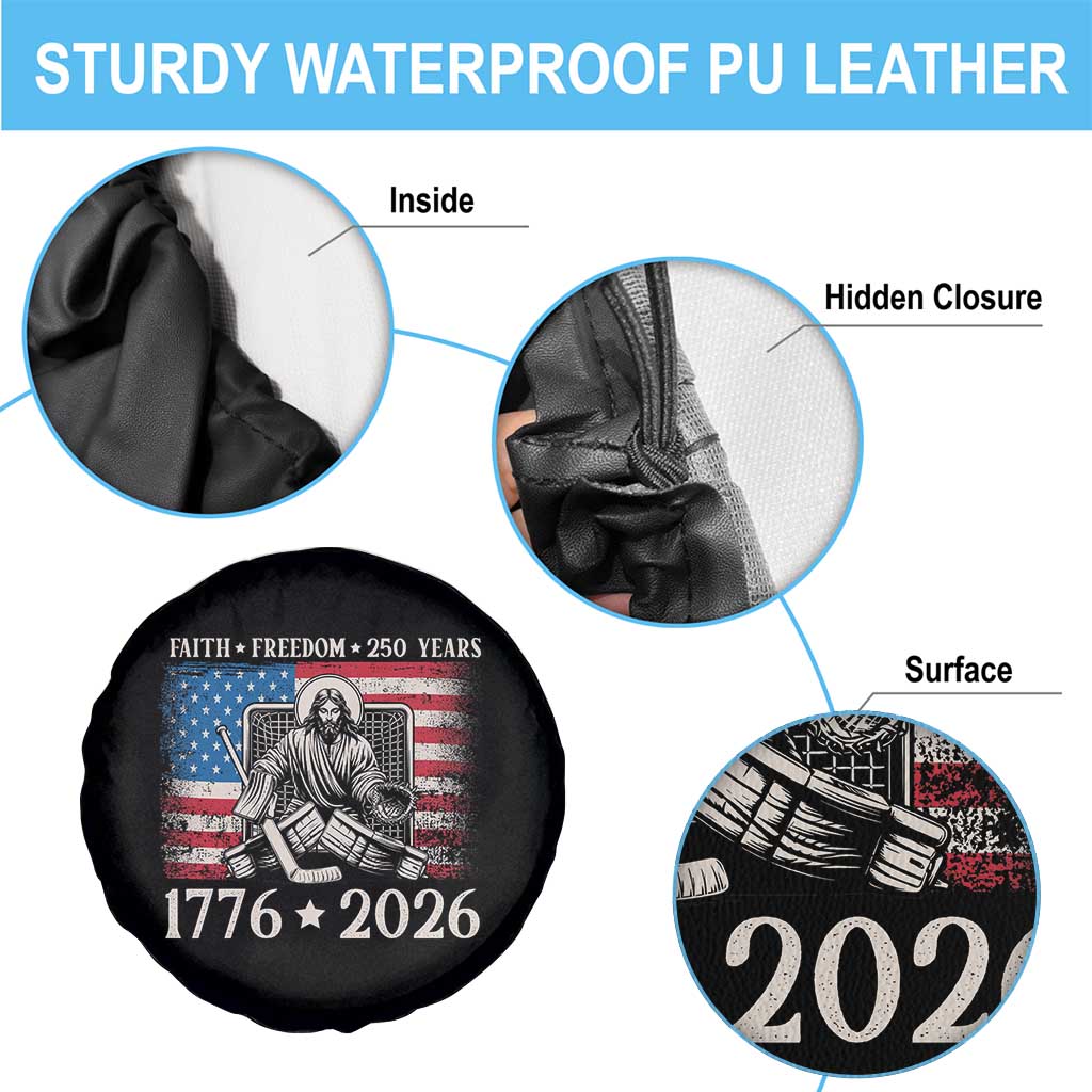 250 Years Faith and Freedom Christian Spare Tire Cover Jesus Hockey Player 4th of July American Flag