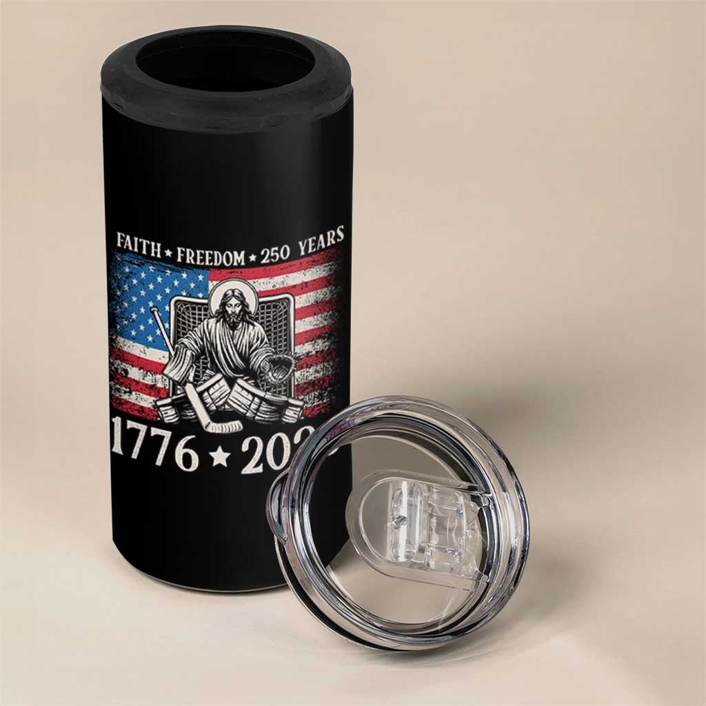 250 Years Faith and Freedom Christian 4 in 1 Can Cooler Tumbler Jesus Hockey Player 4th of July American Flag