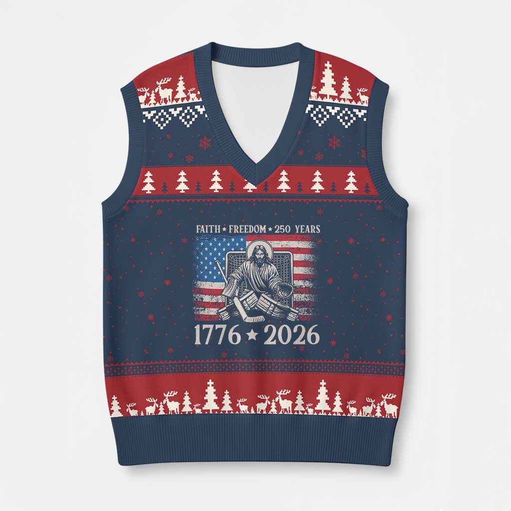 250 Years Faith and Freedom Christian V-Neck Knit Sweater Vest Jesus Hockey Player 4th of July American Flag