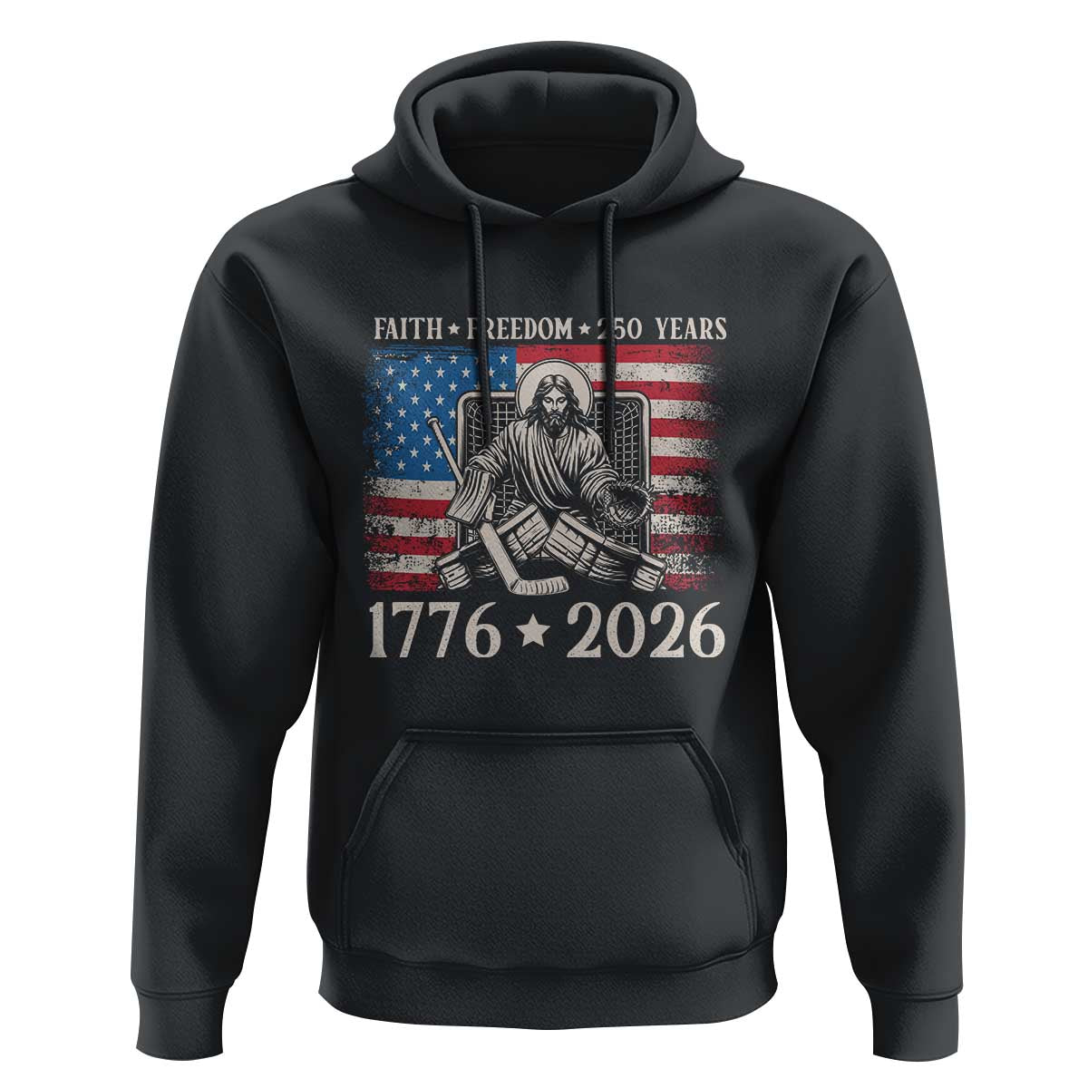 250 Years Faith and Freedom Christian Hoodie Jesus Hockey Player 4th of July American Flag