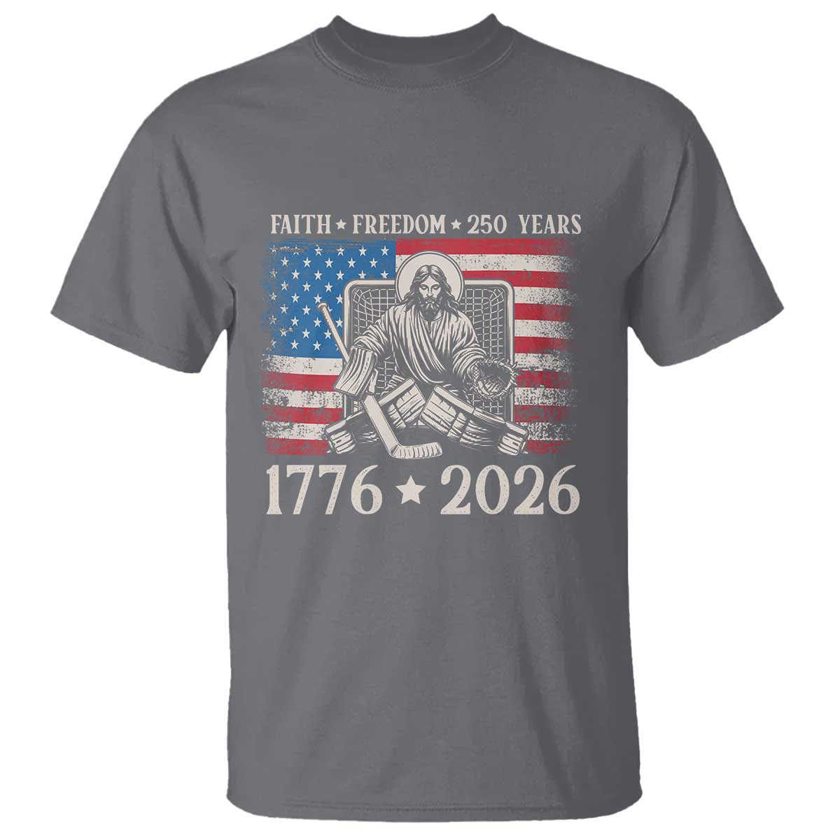 250 Years Faith and Freedom Christian T Shirt Jesus Hockey Player 4th of July American Flag