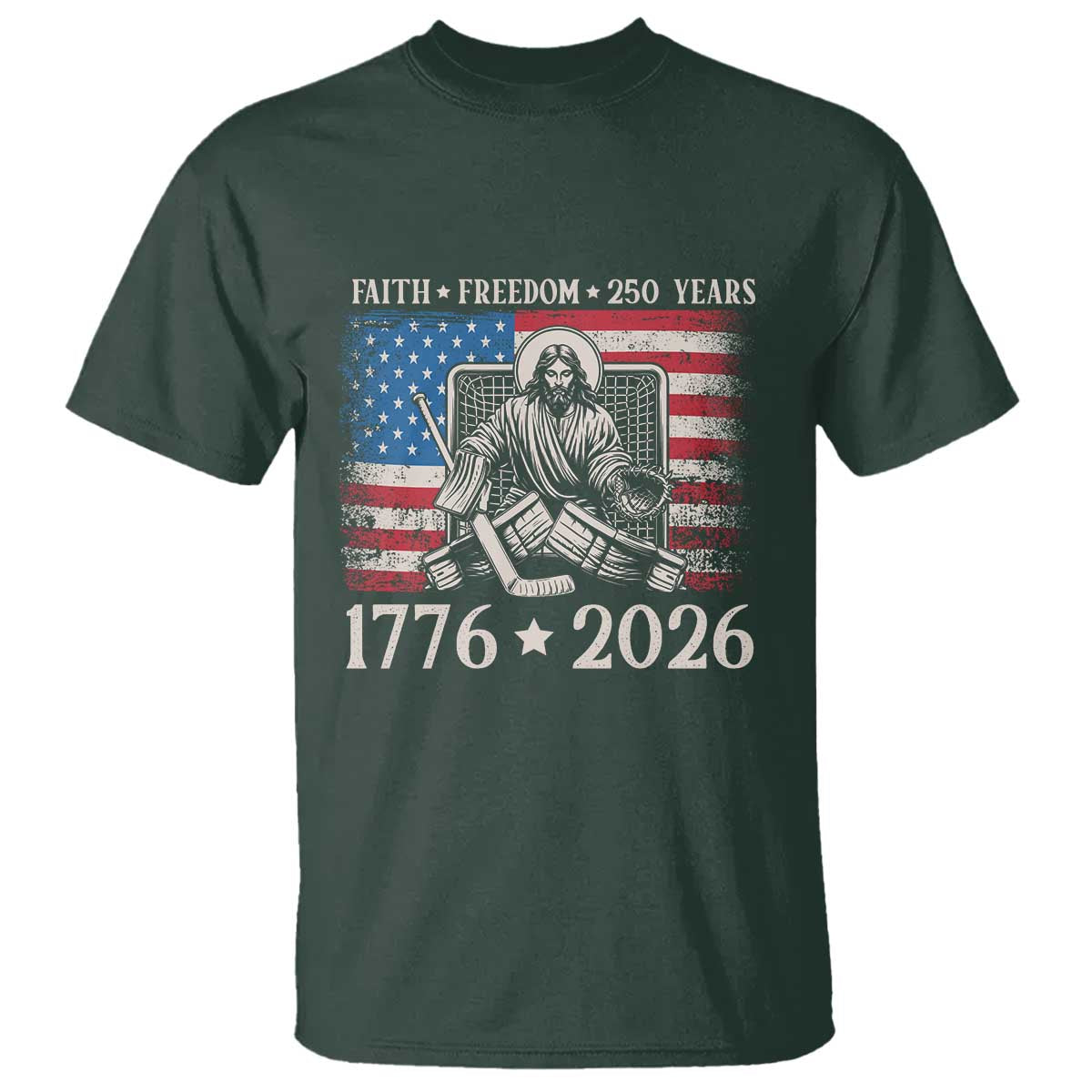 250 Years Faith and Freedom Christian T Shirt Jesus Hockey Player 4th of July American Flag