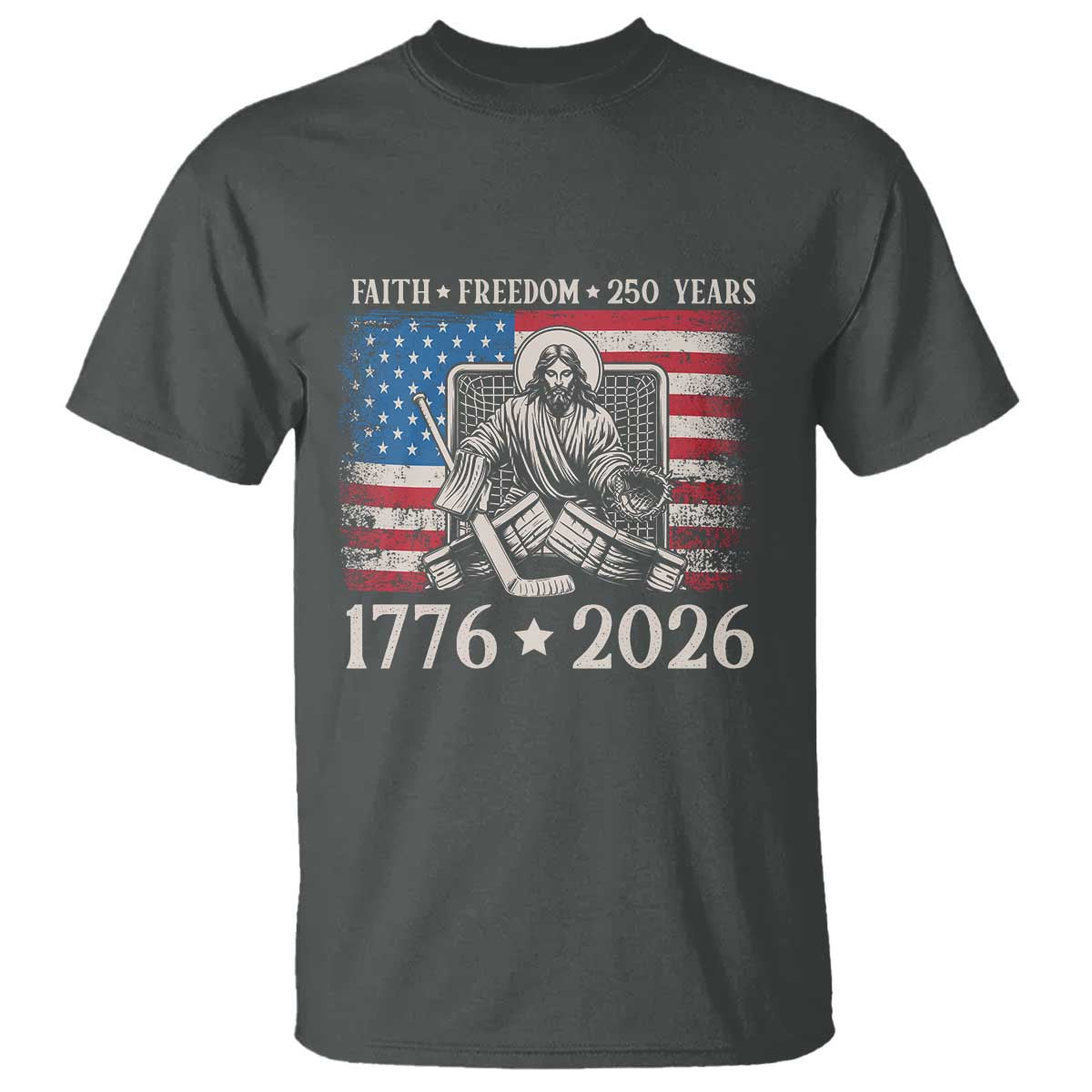 250 Years Faith and Freedom Christian T Shirt Jesus Hockey Player 4th of July American Flag