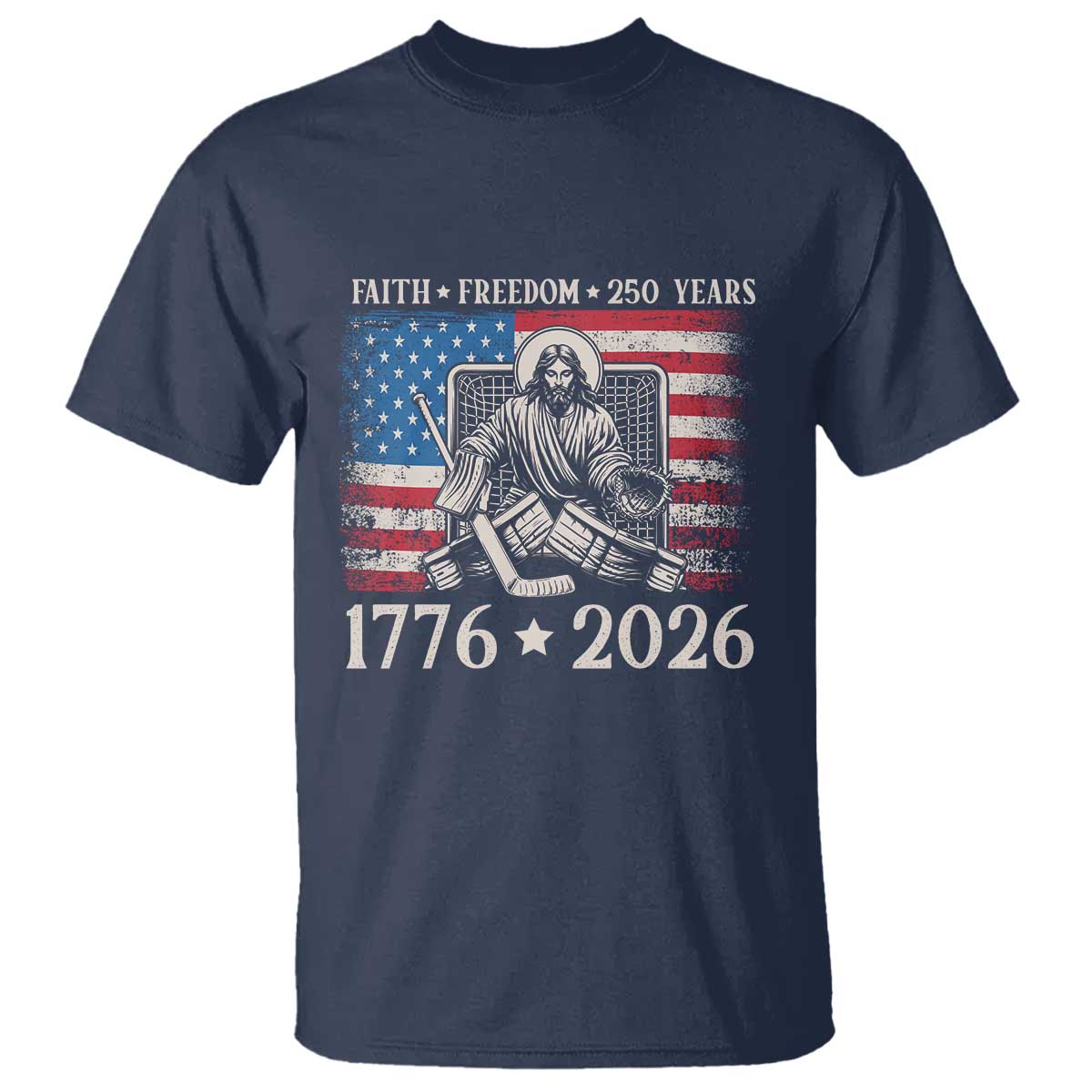 250 Years Faith and Freedom Christian T Shirt Jesus Hockey Player 4th of July American Flag