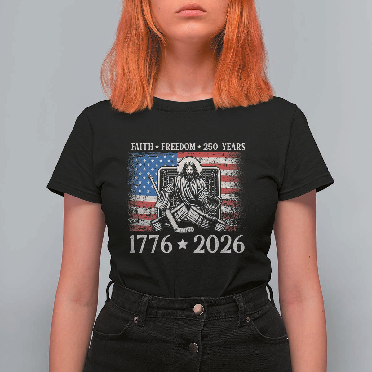 250 Years Faith and Freedom Christian T Shirt For Women Jesus Hockey Player 4th of July American Flag