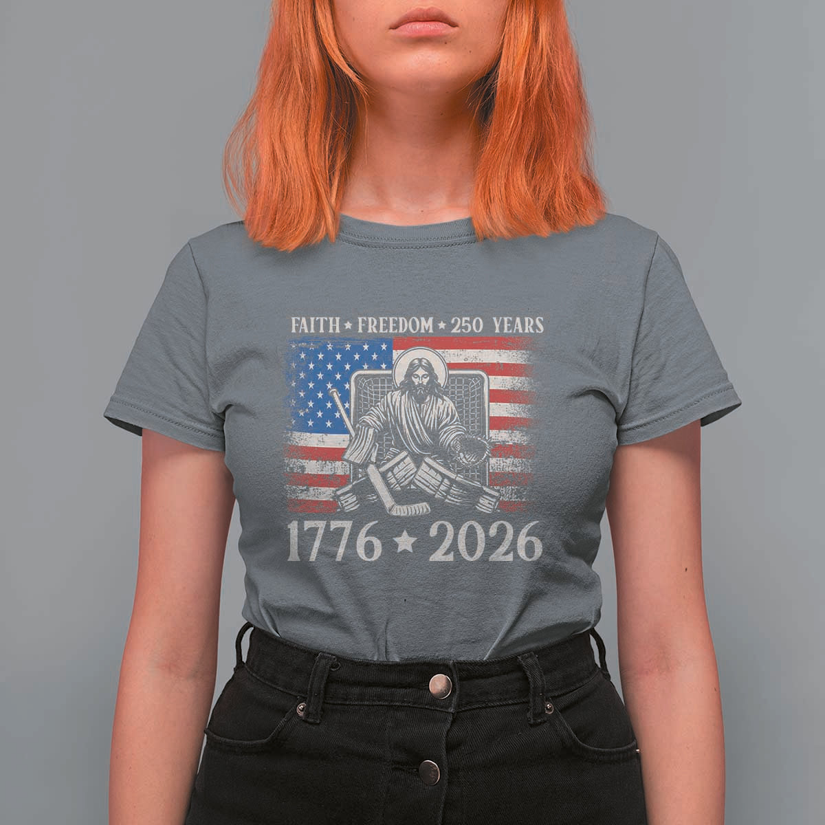 250 Years Faith and Freedom Christian T Shirt For Women Jesus Hockey Player 4th of July American Flag