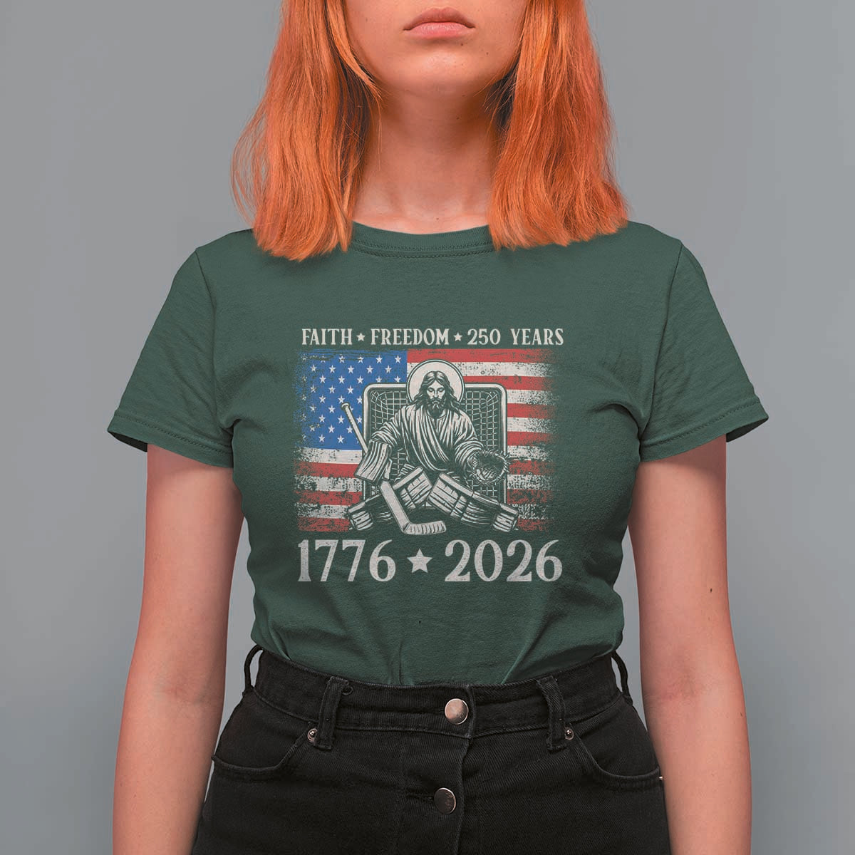 250 Years Faith and Freedom Christian T Shirt For Women Jesus Hockey Player 4th of July American Flag