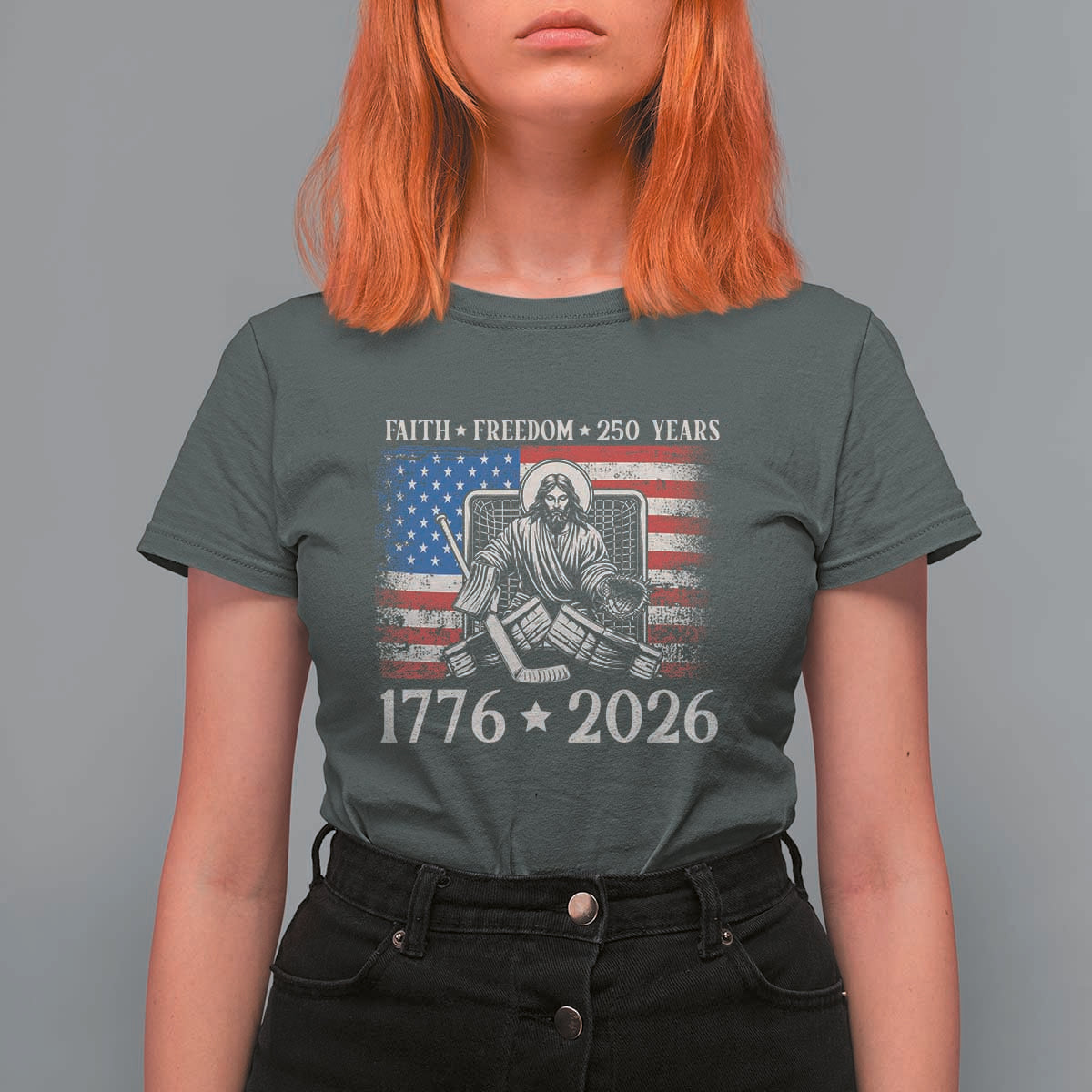 250 Years Faith and Freedom Christian T Shirt For Women Jesus Hockey Player 4th of July American Flag