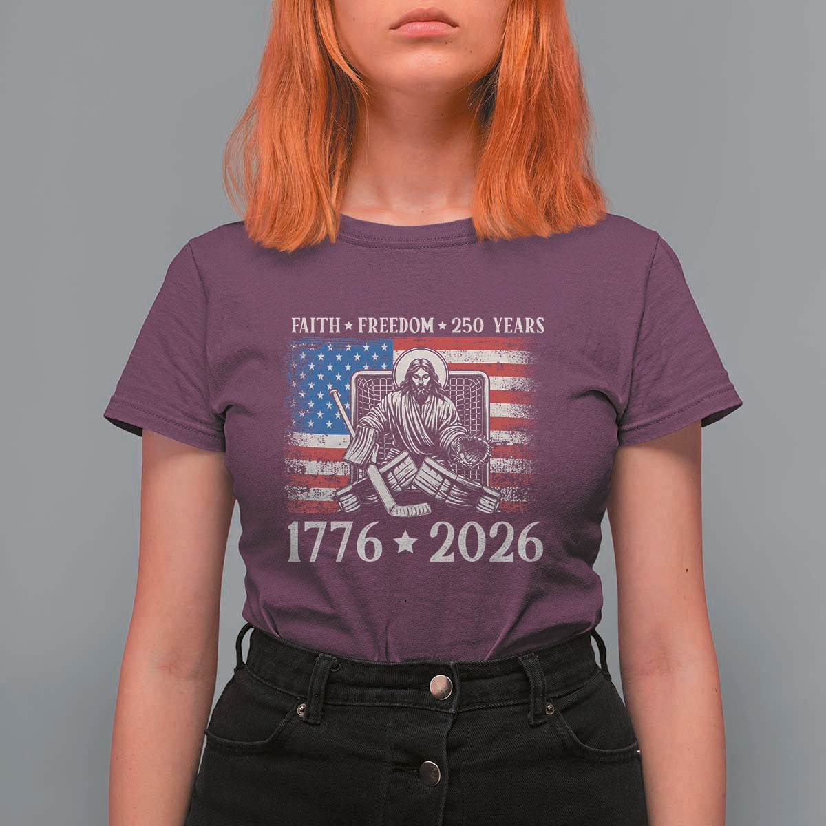 250 Years Faith and Freedom Christian T Shirt For Women Jesus Hockey Player 4th of July American Flag