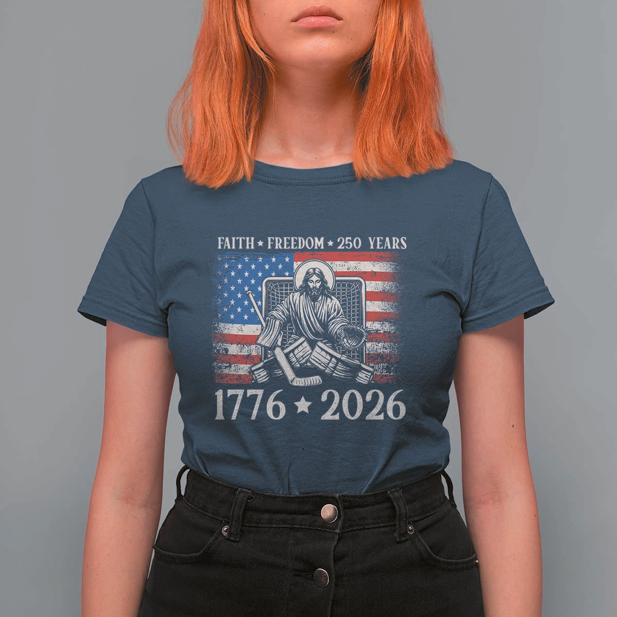 250 Years Faith and Freedom Christian T Shirt For Women Jesus Hockey Player 4th of July American Flag