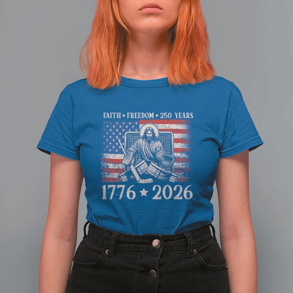 250 Years Faith and Freedom Christian T Shirt For Women Jesus Hockey Player 4th of July American Flag