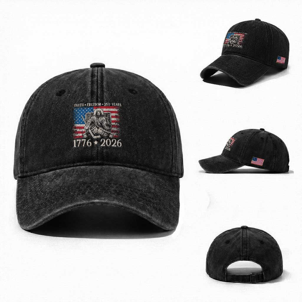250 Years Faith and Freedom Christian Washed Cotton Baseball Cap Jesus Hockey Player 4th of July American Flag