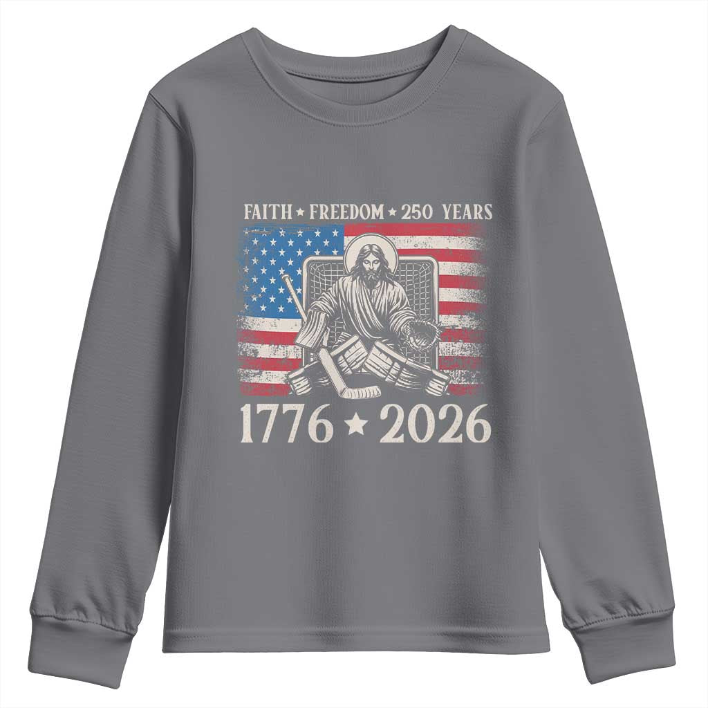 250 Years Faith and Freedom Christian Youth Sweatshirt Jesus Hockey Player 4th of July American Flag