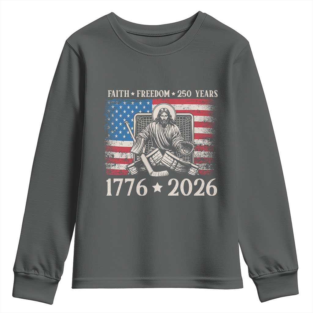 250 Years Faith and Freedom Christian Youth Sweatshirt Jesus Hockey Player 4th of July American Flag