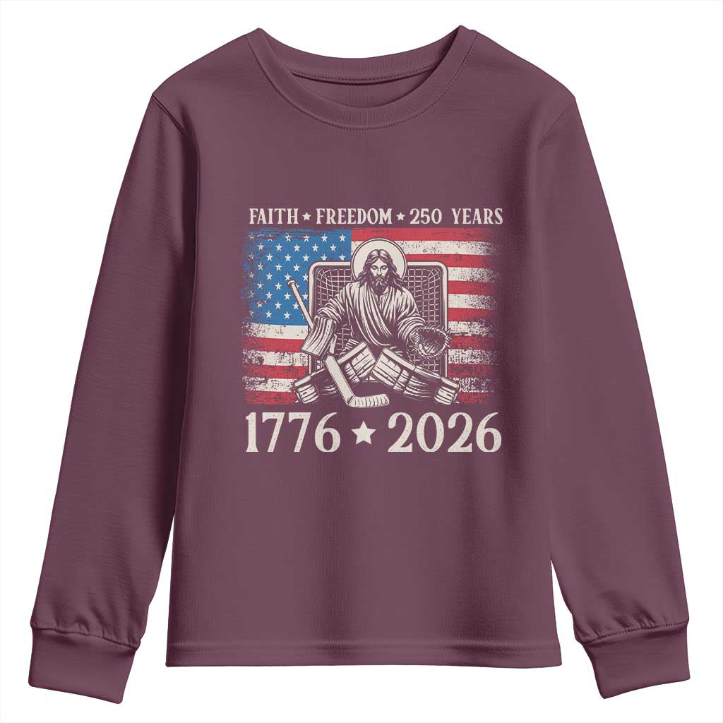 250 Years Faith and Freedom Christian Youth Sweatshirt Jesus Hockey Player 4th of July American Flag