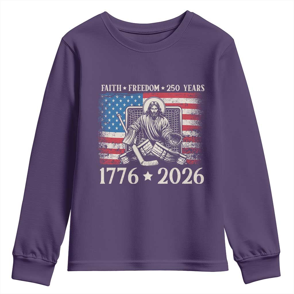 250 Years Faith and Freedom Christian Youth Sweatshirt Jesus Hockey Player 4th of July American Flag
