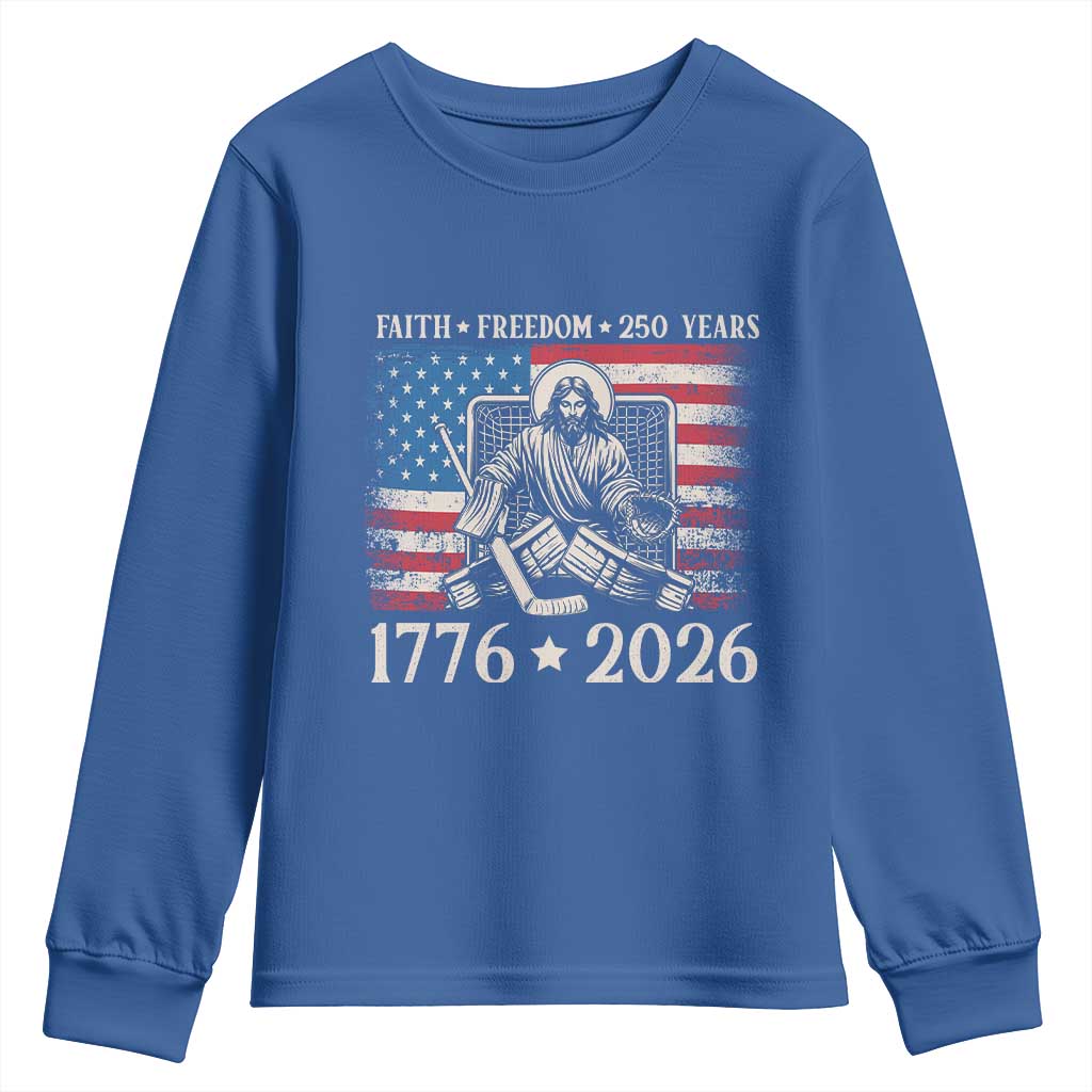 250 Years Faith and Freedom Christian Youth Sweatshirt Jesus Hockey Player 4th of July American Flag