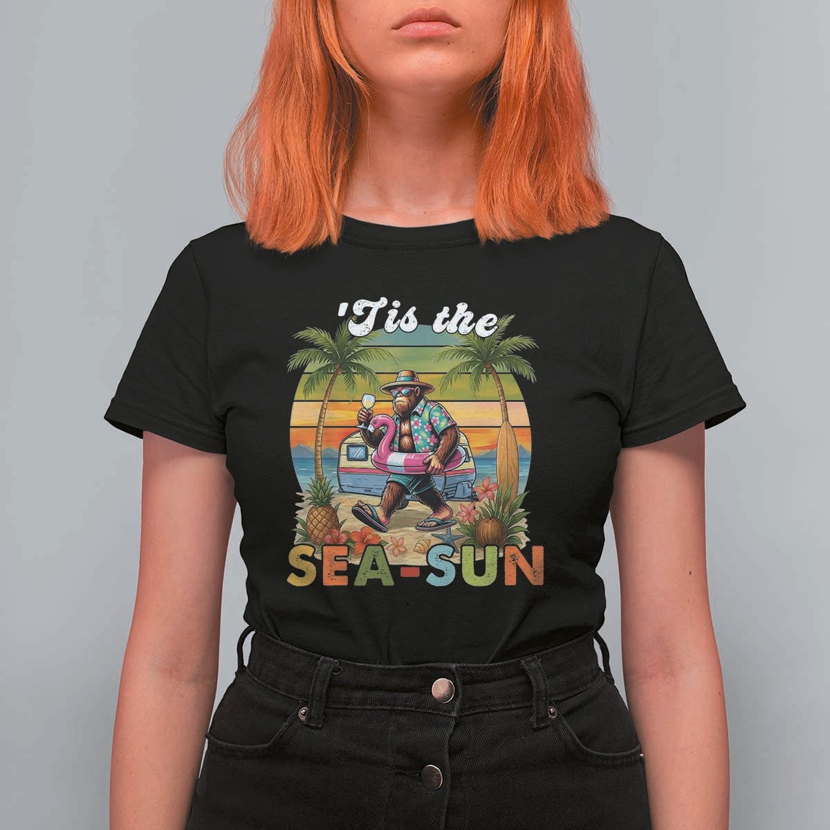Hawaiian Bigfoot Christmas In July T Shirt For Women Tis The Sea-Sun