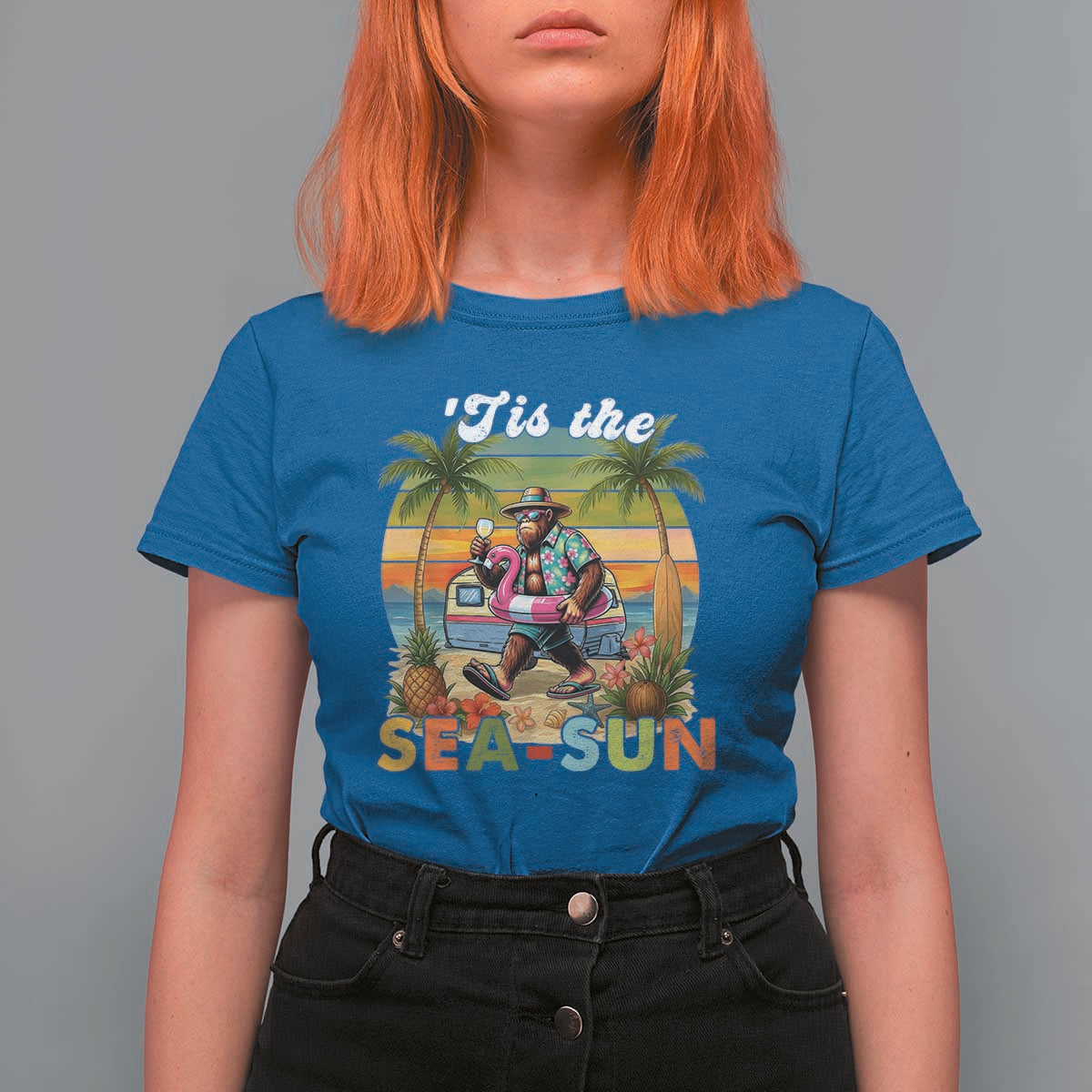 Hawaiian Bigfoot Christmas In July T Shirt For Women Tis The Sea-Sun