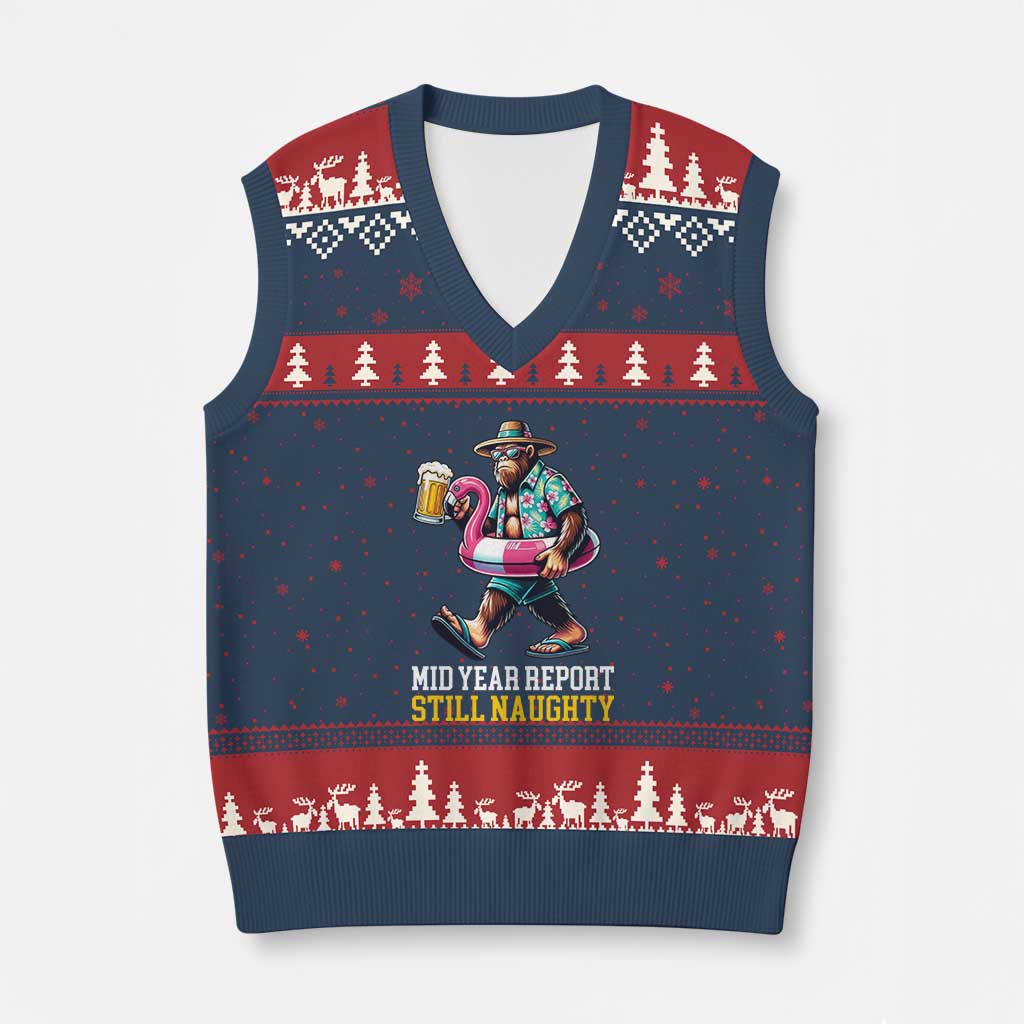 Mid-Year Report Still Naughty V-Neck Knit Sweater Vest Funny Bigfoot Drinking Beer Christmas in July