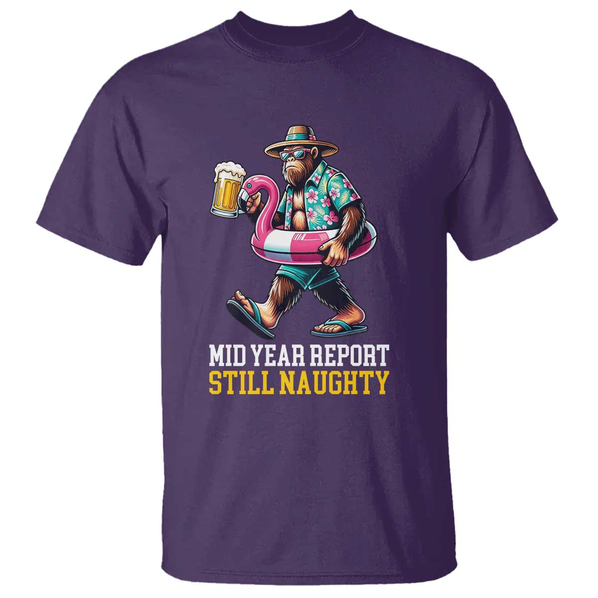 Mid-Year Report Still Naughty T Shirt Funny Bigfoot Drinking Beer Christmas in July