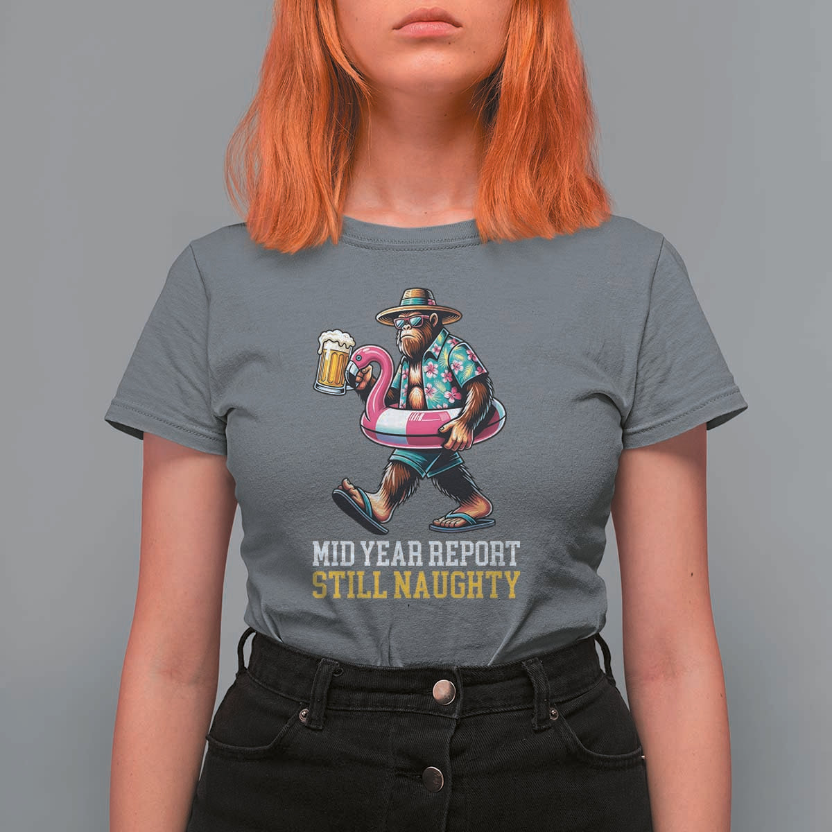 Mid-Year Report Still Naughty T Shirt For Women Funny Bigfoot Drinking Beer Christmas in July