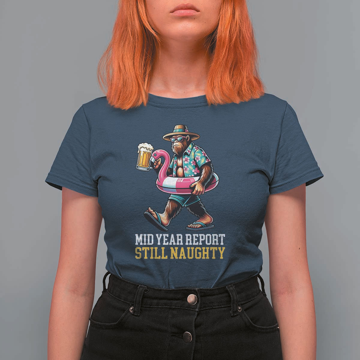 Mid-Year Report Still Naughty T Shirt For Women Funny Bigfoot Drinking Beer Christmas in July