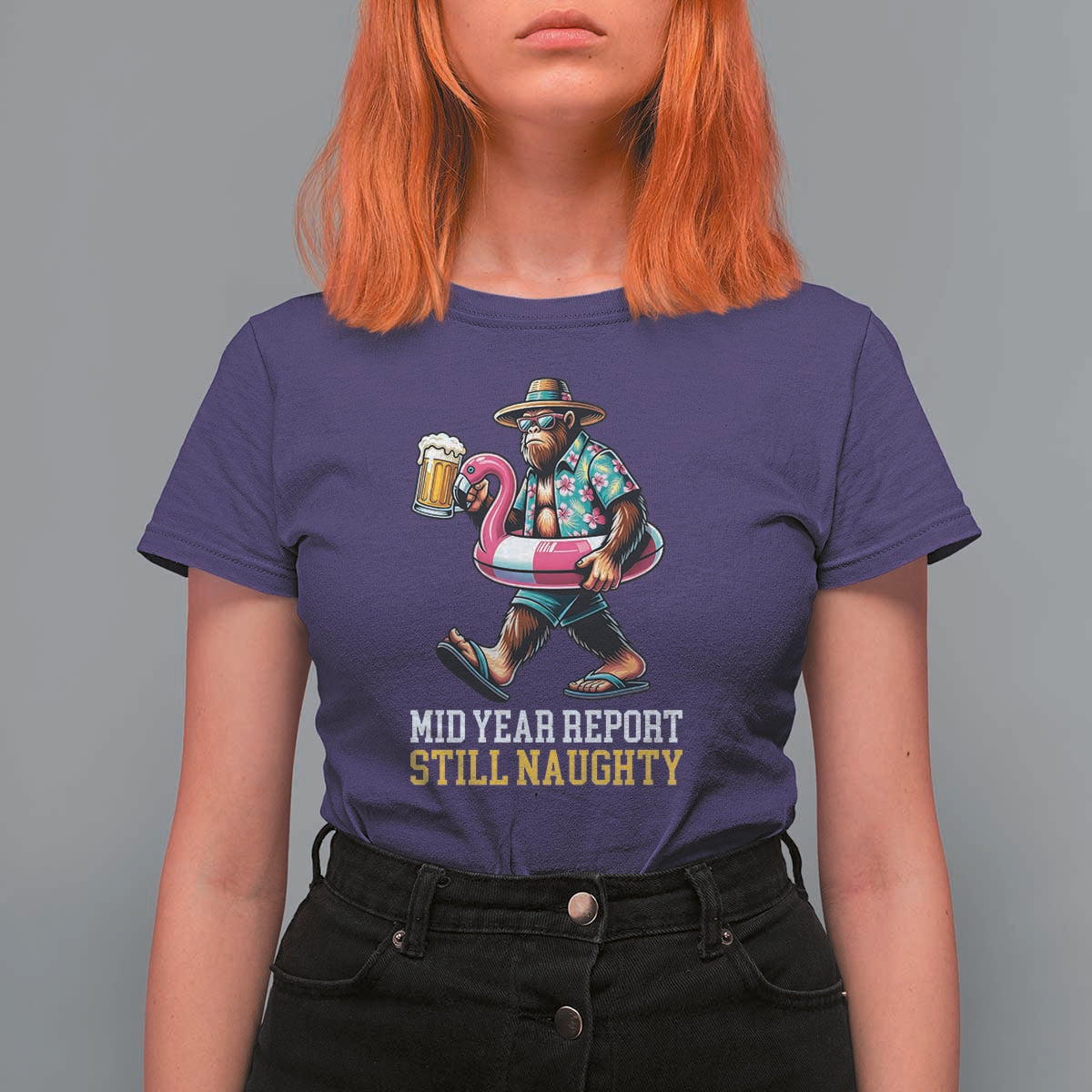 Mid-Year Report Still Naughty T Shirt For Women Funny Bigfoot Drinking Beer Christmas in July