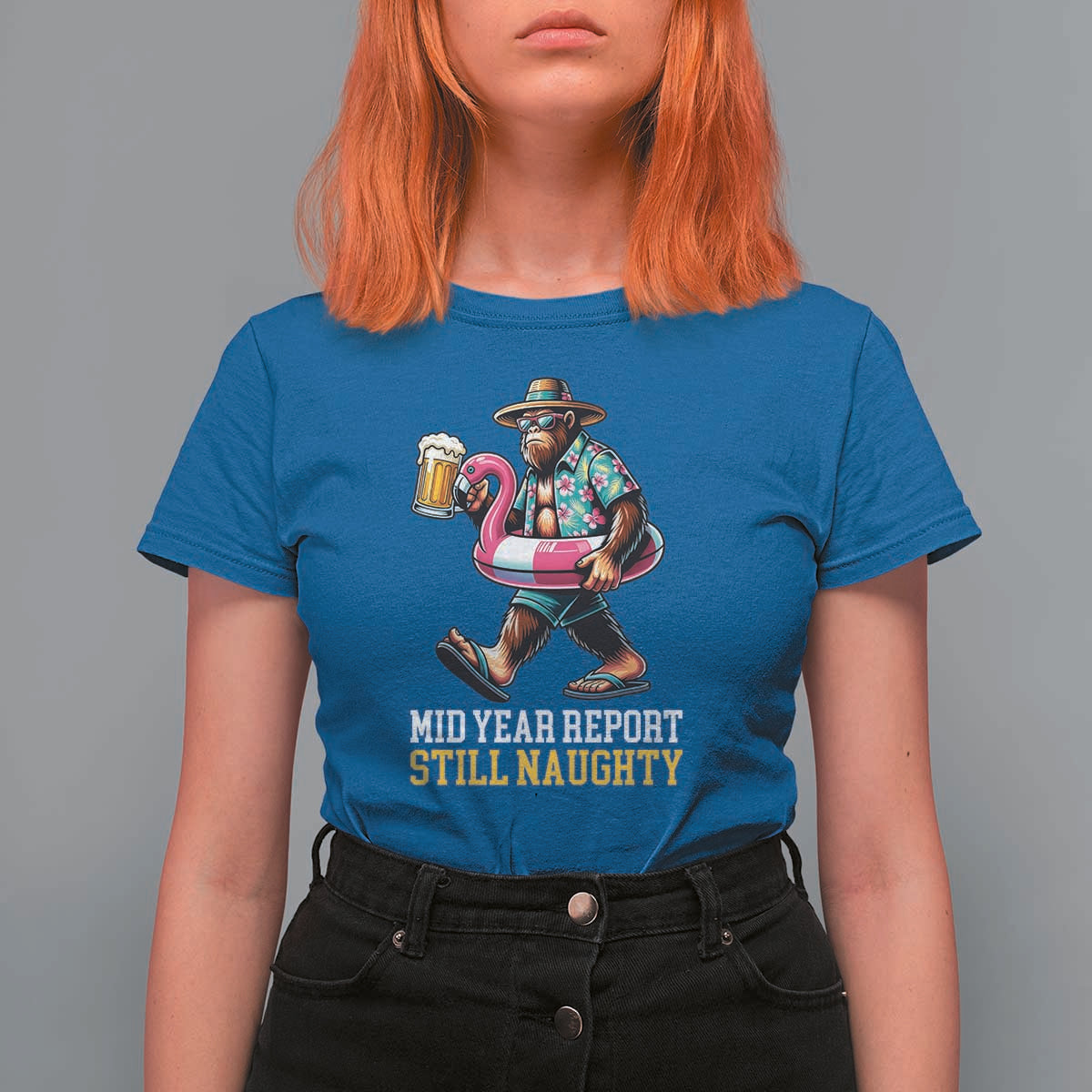 Mid-Year Report Still Naughty T Shirt For Women Funny Bigfoot Drinking Beer Christmas in July