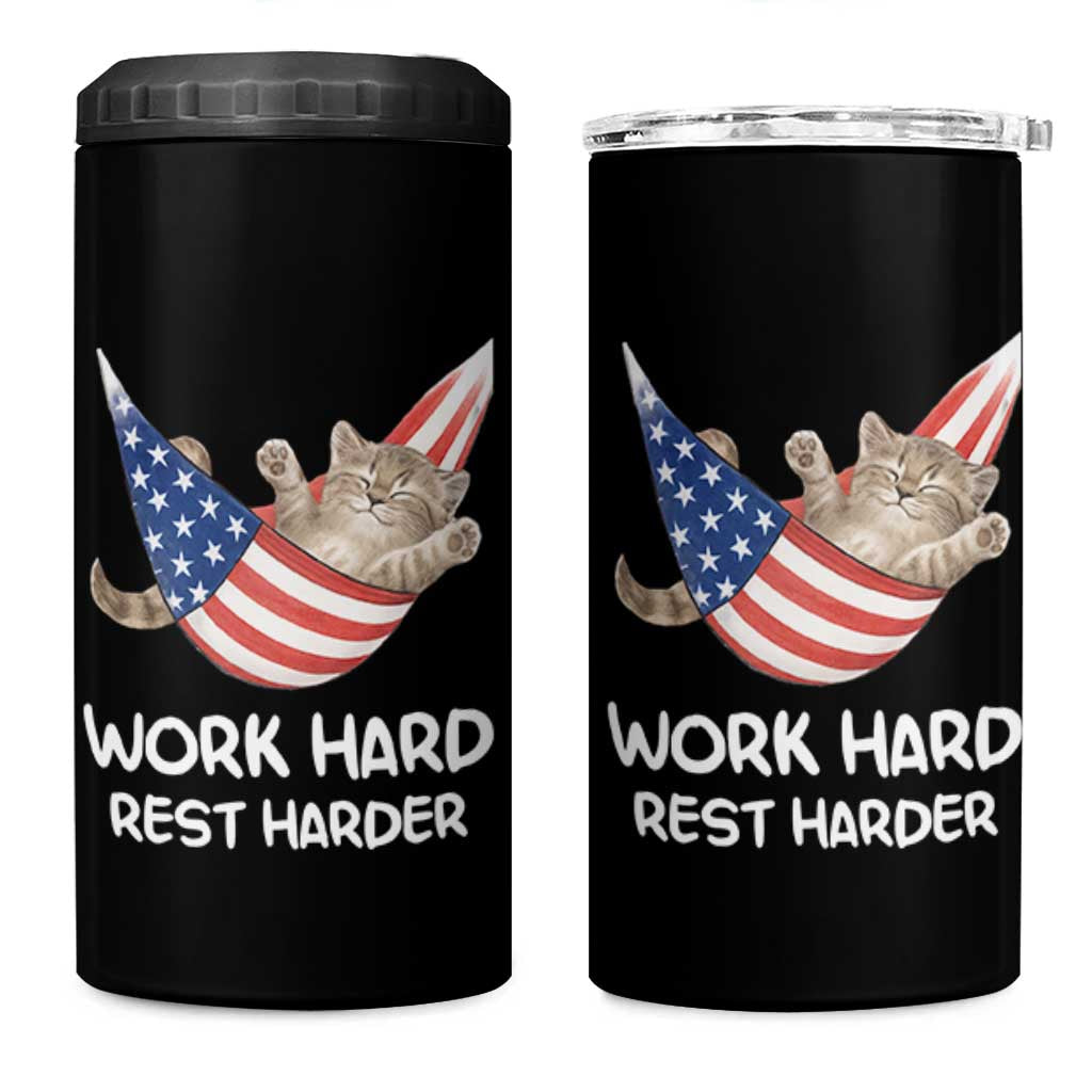 Funny Lazy Cat 4 in 1 Can Cooler Tumbler Work Hard Rest Harder Cute Kitty Humor