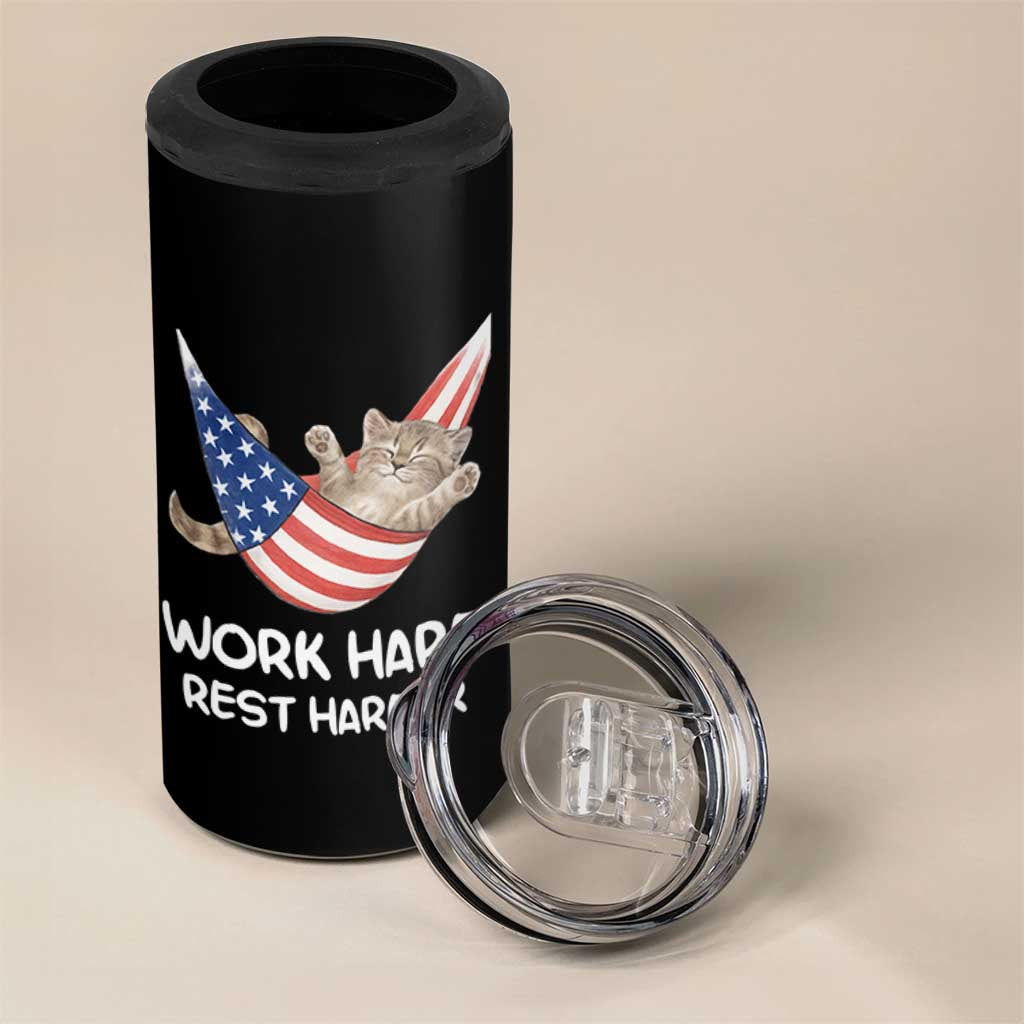Funny Lazy Cat 4 in 1 Can Cooler Tumbler Work Hard Rest Harder Cute Kitty Humor