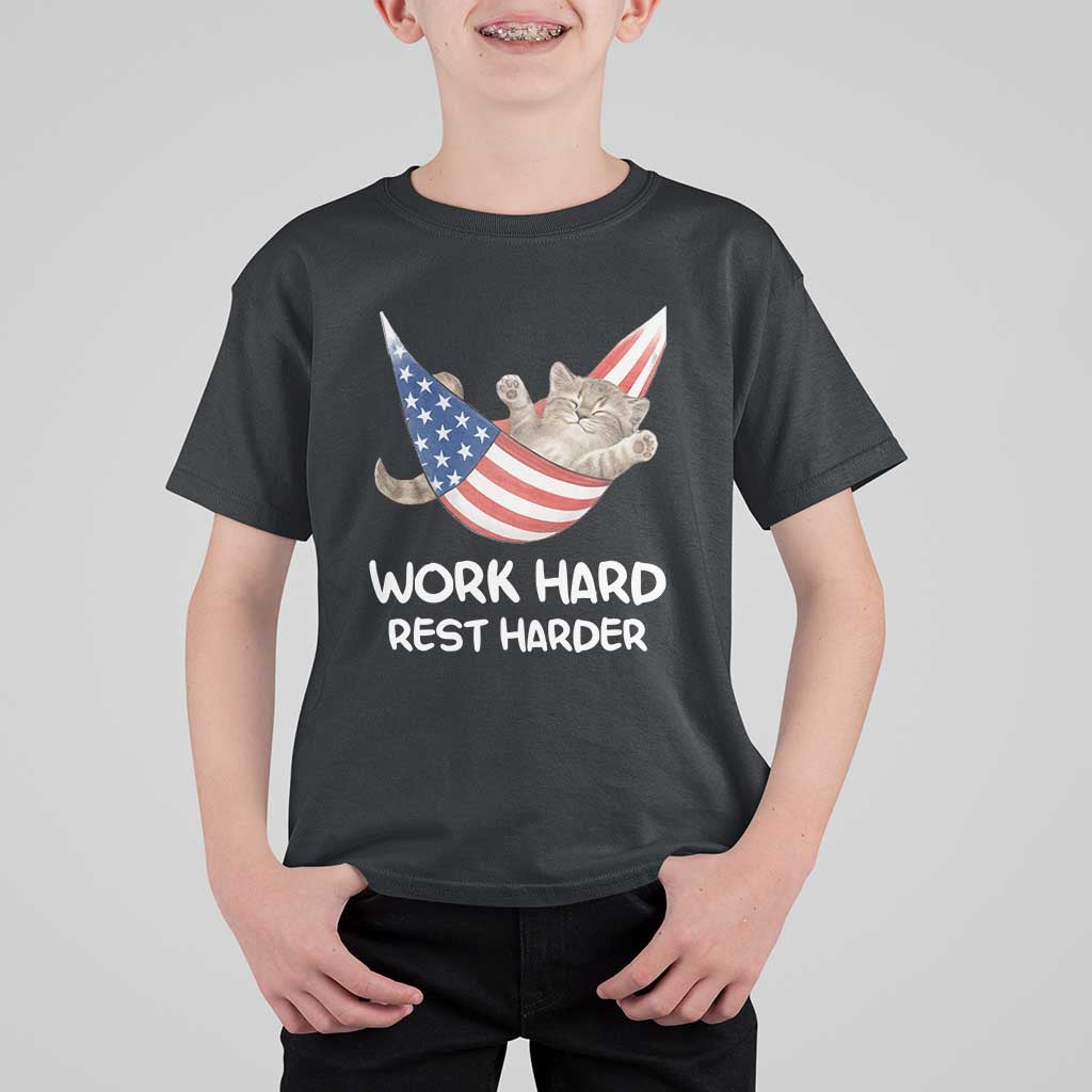 Funny Lazy Cat T Shirt For Kid Work Hard Rest Harder Cute Kitty Humor - Wonder Print Shop