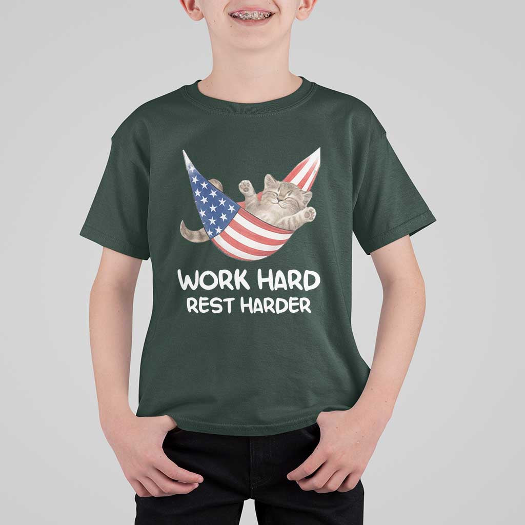 Funny Lazy Cat T Shirt For Kid Work Hard Rest Harder Cute Kitty Humor - Wonder Print Shop