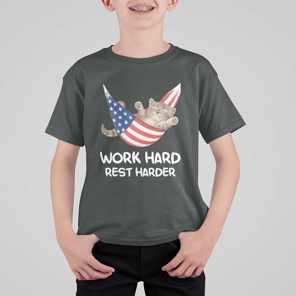 Funny Lazy Cat T Shirt For Kid Work Hard Rest Harder Cute Kitty Humor - Wonder Print Shop