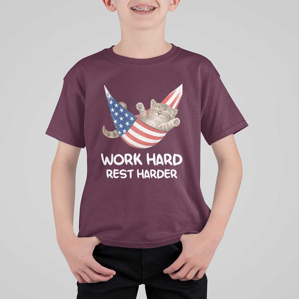 Funny Lazy Cat T Shirt For Kid Work Hard Rest Harder Cute Kitty Humor - Wonder Print Shop