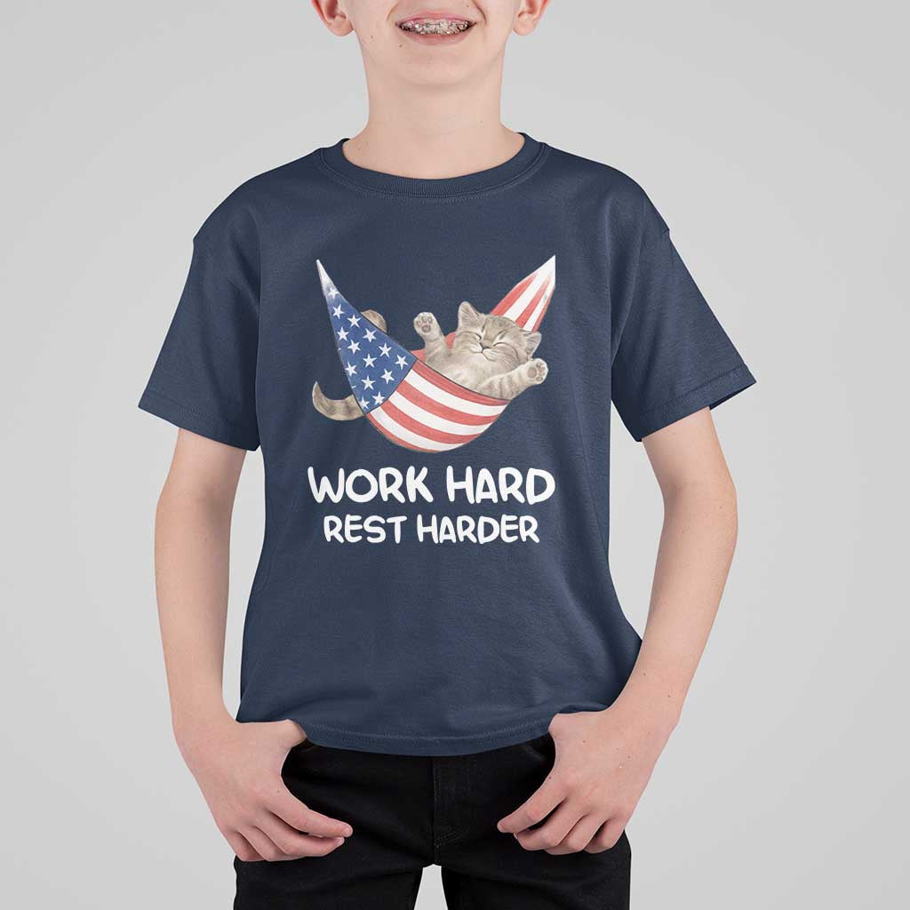 Funny Lazy Cat T Shirt For Kid Work Hard Rest Harder Cute Kitty Humor - Wonder Print Shop