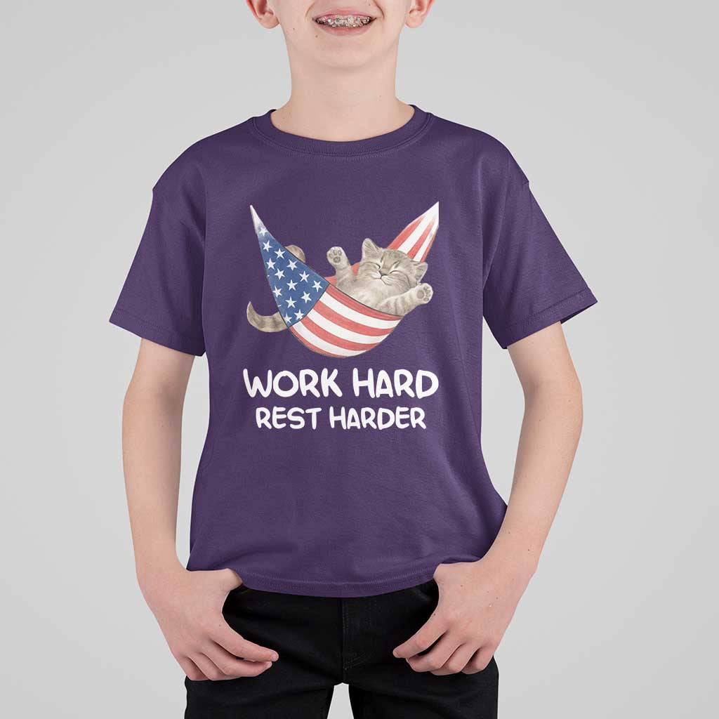 Funny Lazy Cat T Shirt For Kid Work Hard Rest Harder Cute Kitty Humor - Wonder Print Shop