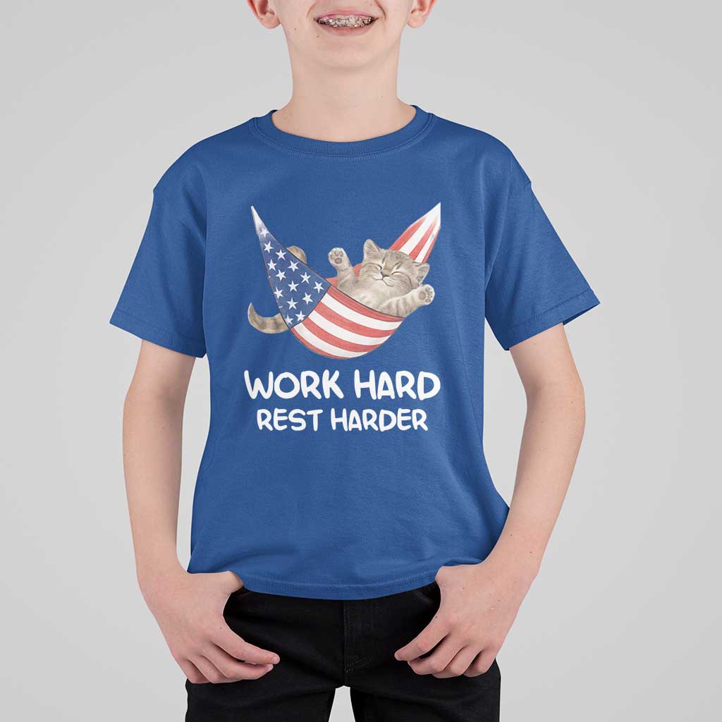 Funny Lazy Cat T Shirt For Kid Work Hard Rest Harder Cute Kitty Humor - Wonder Print Shop