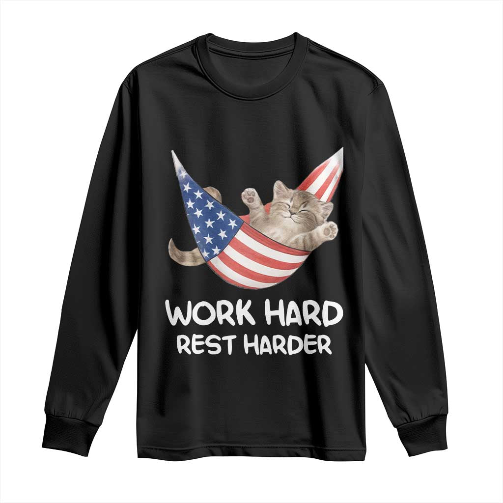 Funny Lazy Cat Long Sleeve Shirt Work Hard Rest Harder Cute Kitty Humor - Wonder Print Shop