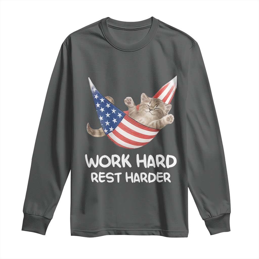 Funny Lazy Cat Long Sleeve Shirt Work Hard Rest Harder Cute Kitty Humor - Wonder Print Shop