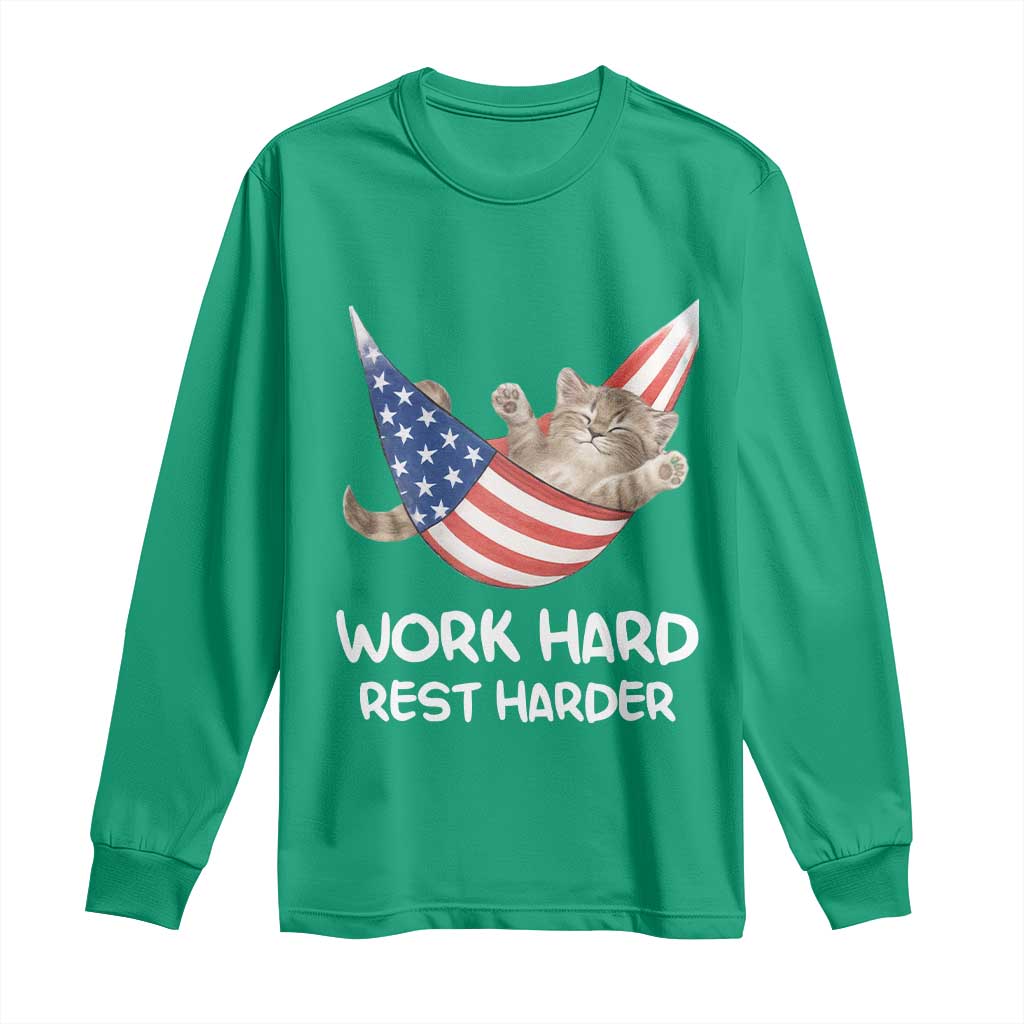 Funny Lazy Cat Long Sleeve Shirt Work Hard Rest Harder Cute Kitty Humor - Wonder Print Shop