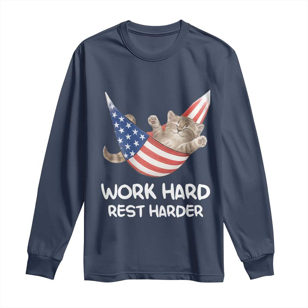 Funny Lazy Cat Long Sleeve Shirt Work Hard Rest Harder Cute Kitty Humor - Wonder Print Shop