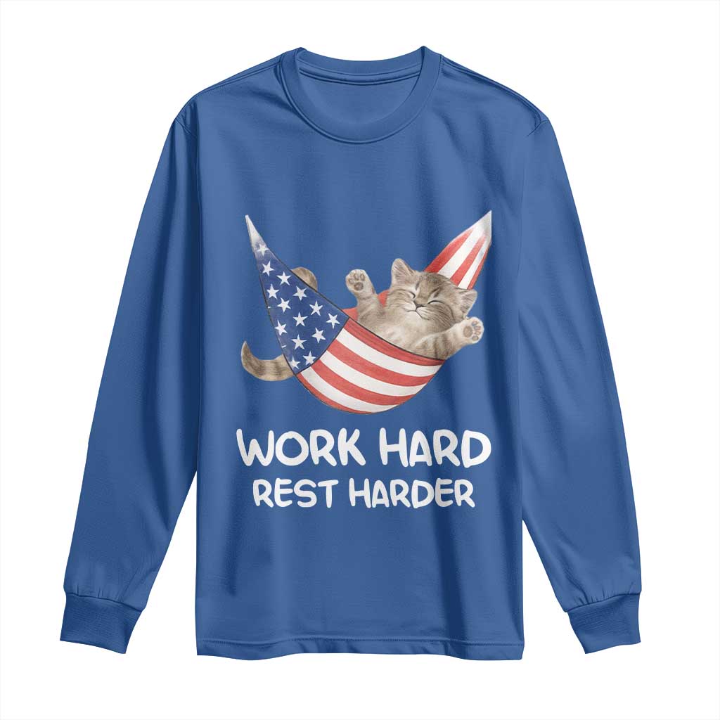Funny Lazy Cat Long Sleeve Shirt Work Hard Rest Harder Cute Kitty Humor - Wonder Print Shop