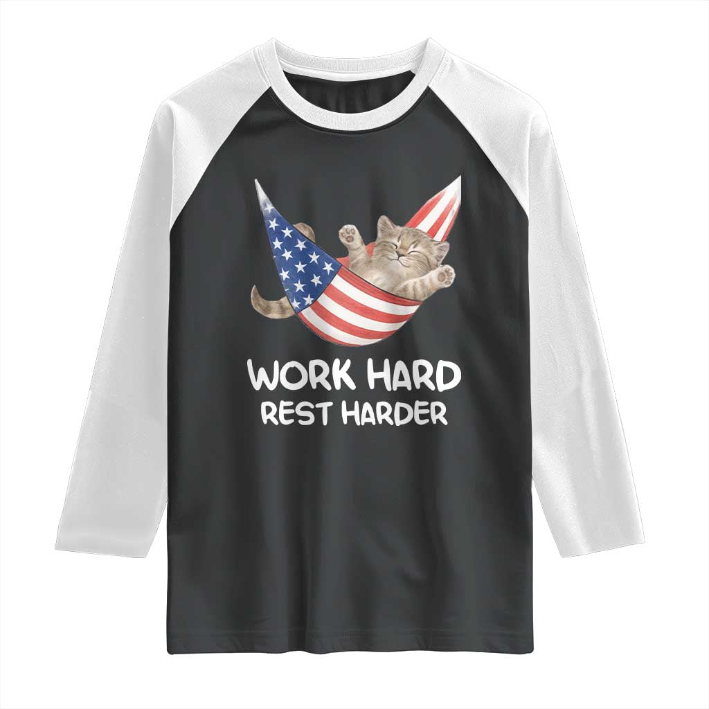 Funny Lazy Cat Raglan Shirt Work Hard Rest Harder Cute Kitty Humor - Wonder Print Shop
