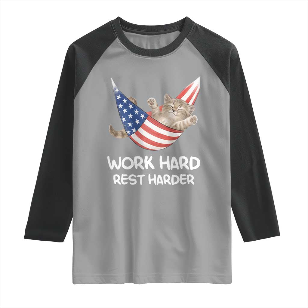 Funny Lazy Cat Raglan Shirt Work Hard Rest Harder Cute Kitty Humor - Wonder Print Shop